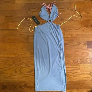 White Fox Boutique Light Blue Maxi Dress with Pink Halter & Yellow Side Ties